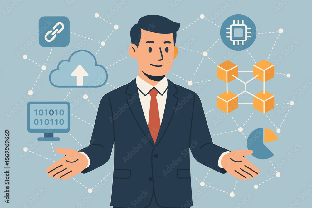 Aufkleber businessman presenting blockchain technology, cloud computing, and big data network. concept of digi