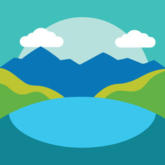 Obraz premium Mountain Lake Scenery: This is a visual depiction of an idyllic alpine landscape, presenting a lake mirroring the lofty peaks, complemented by gentle slopes and floating clouds