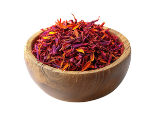 Fototapeta premium A bowl of red flower petals sits on a white background