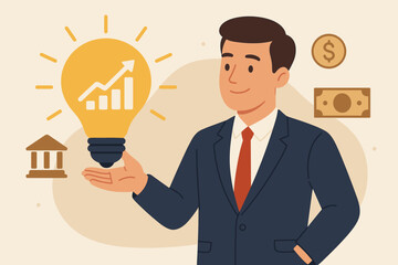 Businessman holds a light bulb with a growth graph. A concept for business ideas, financial investment strategy, banking, profit, and success. Modern flat vector illustration.