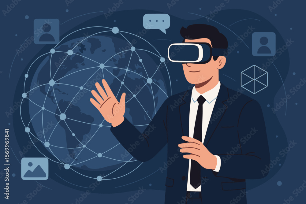Poster businessman in vr headset interacts with global network in metaverse. virtual reality technology for