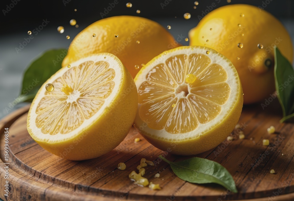 Poster lemon slices creating a citrus explosion with zest particles and juice