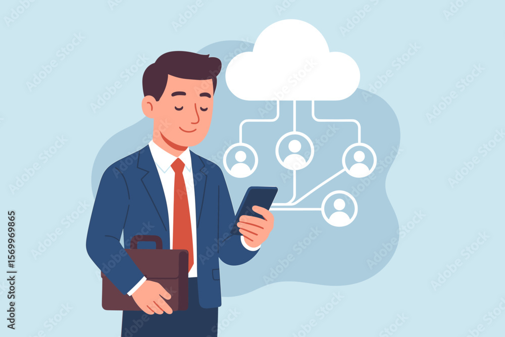 Poster businessman using smartphone for cloud computing. customer network connection, online data storage, 