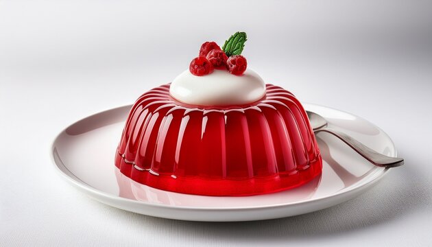 red berry jello round mold with white whipped cream on top on a white plate white background