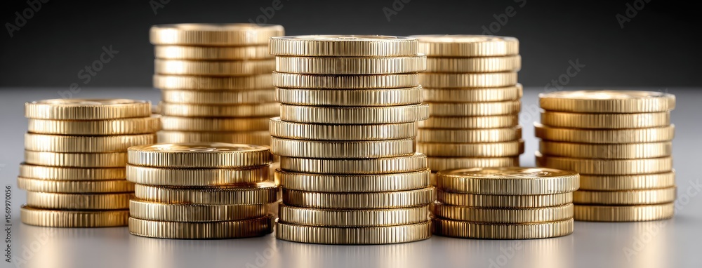 Aufkleber a large number of gold coins fall from above, illuminated by soft rays of light in beige and white, 