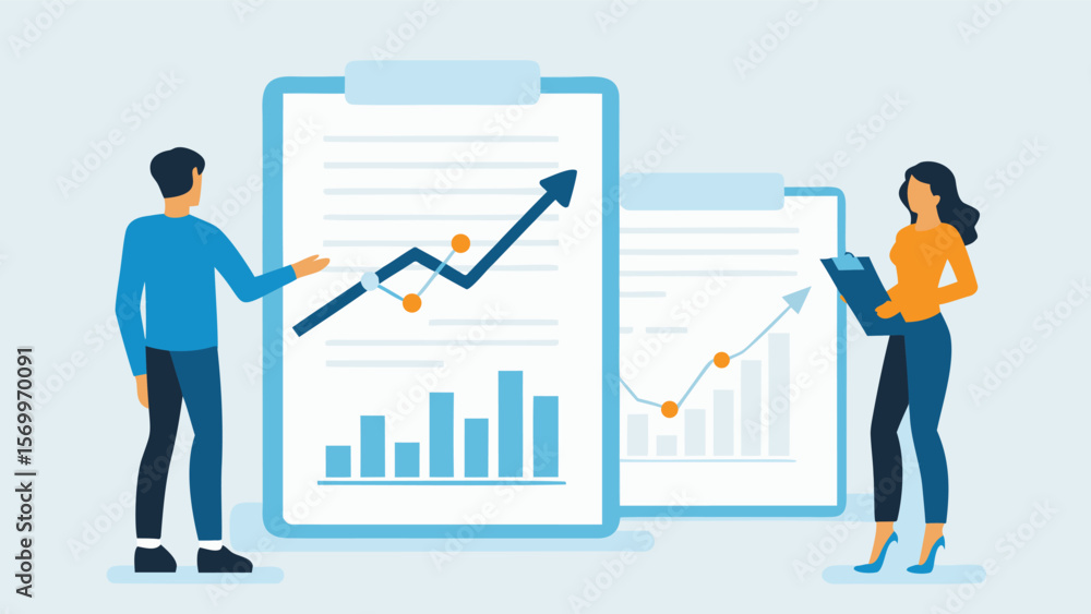 Aufkleber two people analyzing charts and graphs on clipboards showing business growth and data analysis