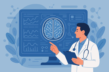 Neurologist Analyzing Brain Scan Data on Computer Interface. Medical Technology, Neuroscience Research, Diagnostic Innovation, Healthcare Science, Flat Vector Illustration