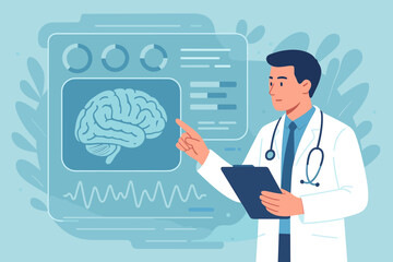 Neurologist analyzing brain scan results on digital interface. Medical technology innovation. Neuroscience research. Doctor with stethoscope. Healthcare data visualization concept.