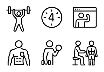 Fototapeta premium Strength Training Icons. Outline vector icons of strength training online: barbell lift, set counter, online