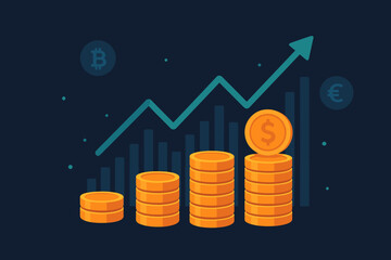 Financial investment growth concept, stack of gold coins, rising trading graph, stock market success, banking, digital economy, cryptocurrency, wealth increase, profit analysis