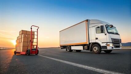 Logistics and Moving Services: Delivery Truck, Hand Truck, and Boxes on Road at Sunset.