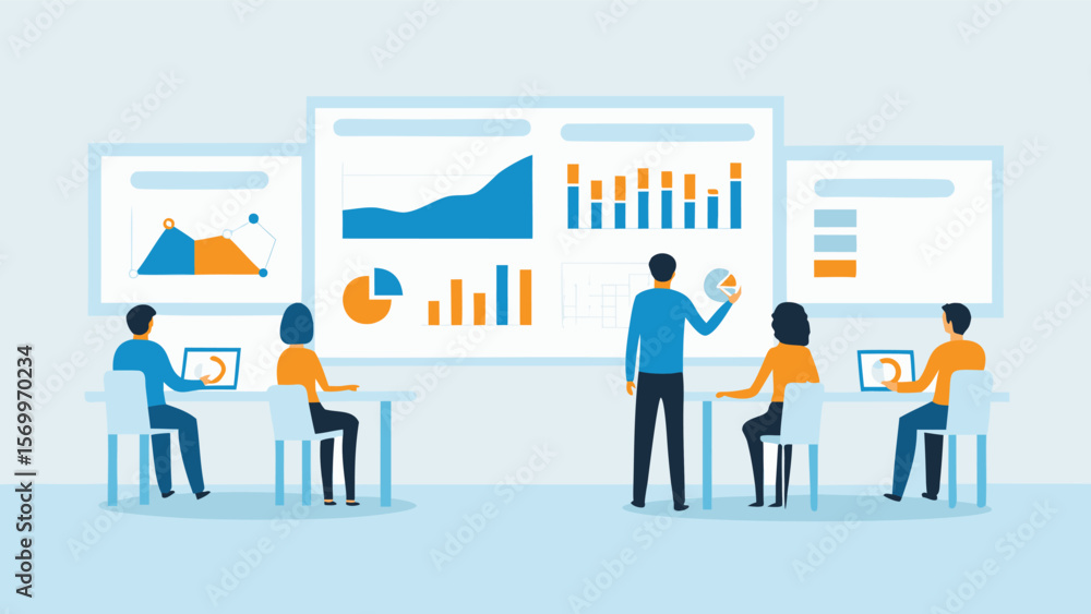 Poster presentation of business data charts and graphs to a group of people in a conference room setup