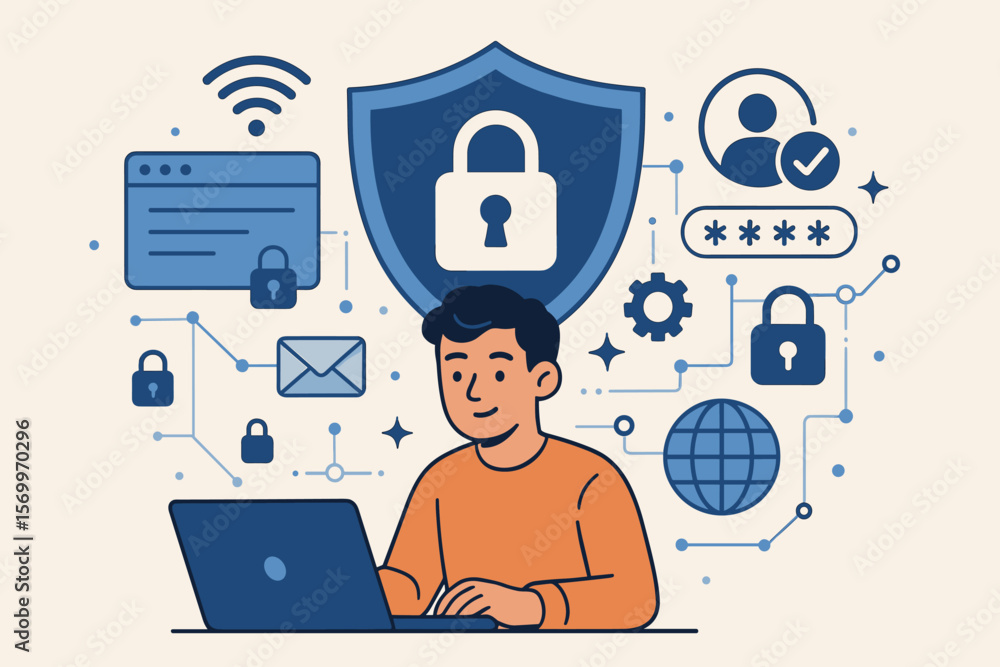 Poster cybersecurity data protection concept with person using laptop, secure internet connection, privacy 