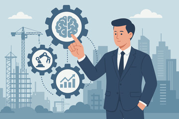 Industry 4.0 business automation concept. Businessman in suit touches brain in cogwheel. Smart construction, workflow optimization, AI, robotics, process development, innovation