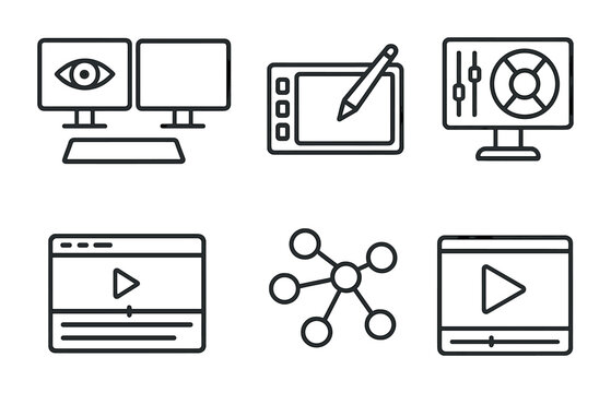 VFX Workstation Icons. Outline vector icons of VFX artist workstation: dual monitors, graphics tablet, stylus