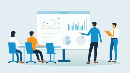 Presentation of charts and graphs by a man in a blue shirt to colleagues in a meeting room setting