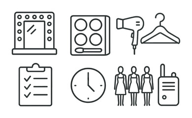 Backstage Essentials Icons. Outline vector icons of backstage activity: mirror light, makeup palette, hair