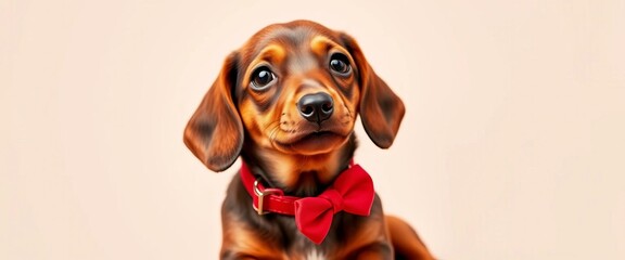Adorable brown miniature dachshund puppy wearing a collar and red bow tie, bow, puppy