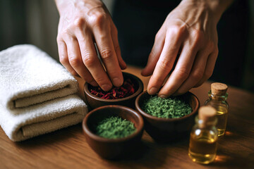 Hands of a wellness practitioner arranging natural herbs and essential oils in wooden bowls, with soft towels nearby, creating a serene atmosphere for holistic treatments