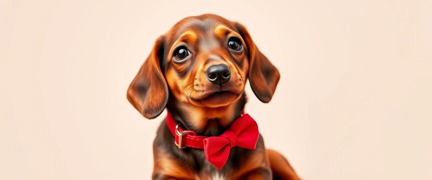 Adorable brown miniature dachshund puppy wearing a collar and red bow tie, bow, puppy