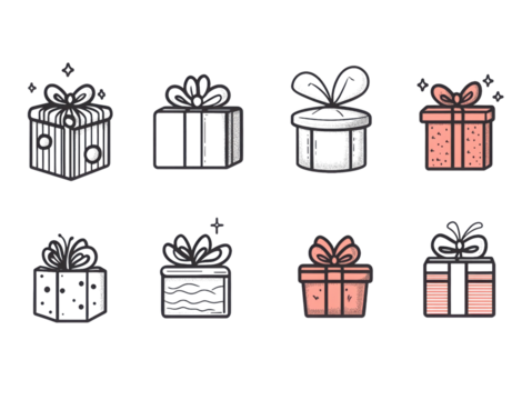 A set of six gift boxes with different designs and colors