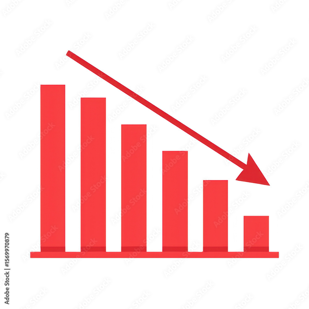 Poster red bar chart with downward trend arrow isolated on transparent background
