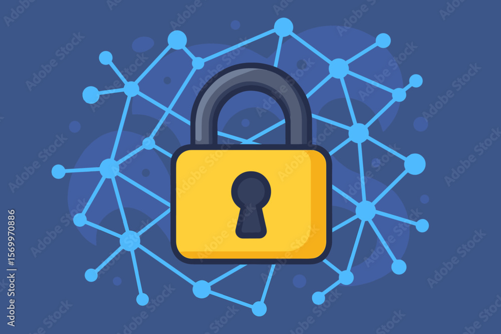 Poster cybersecurity padlock icon with network connections. data protection, secure internet access, privac