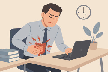 Office worker suffering stomach pain, abdominal cramps, gastrointestinal disease, stress at work, digestive health problem, workplace discomfort, healthcare and insurance concept