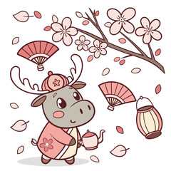 An adorable Moose with a Cheerful vibe, with a tiny crown, and a Sakura Breeze Cherry Blossom Festival theme – SVG style