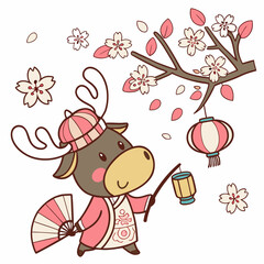 An adorable Moose with a Cheerful vibe, with a tiny crown, and a Sakura Breeze Cherry Blossom Festival theme – SVG style