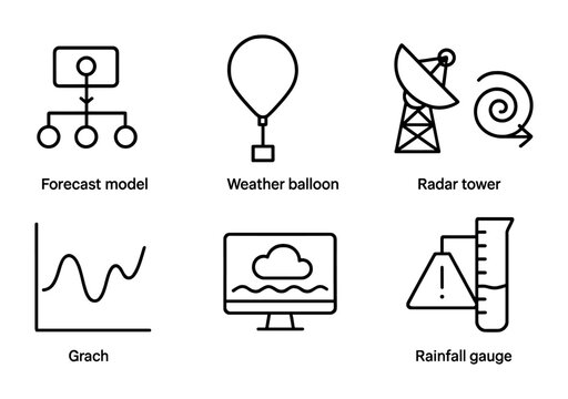 Weather Tools Icons. Outline vector icons of weather prediction tools: forecast model, weather balloon, radar