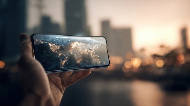 The smartphone displaying a glowing world map against an urban skyline