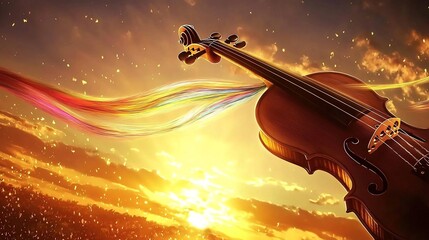 Fototapeta premium Violin bow pulling ribbons of color from the sky painting the air into a living sunset