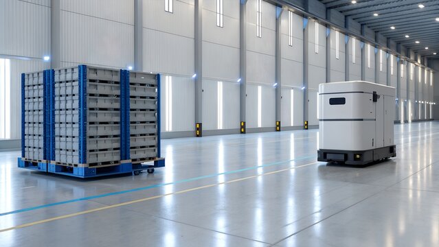Automated Mobile Robot (AMR) and Pallets in a Modern Industrial Warehouse with Smart Logistics.