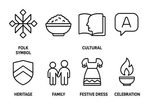 Cultural Tradition Icons. Outline vector icons of cultural traditions in family upbringing: folk symbol,