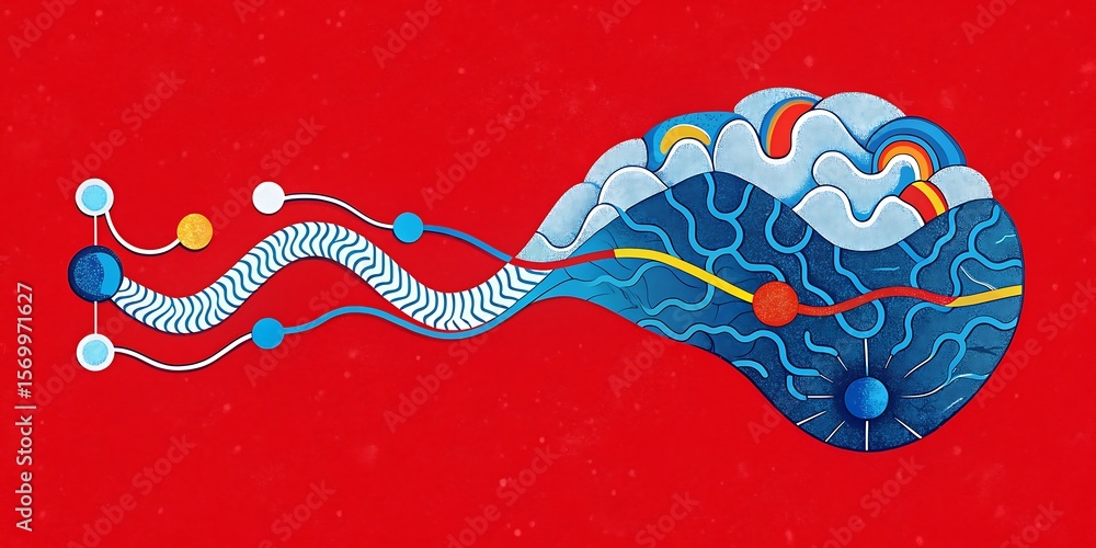 Poster an artificial intelligence brain connects to a digital network on red.