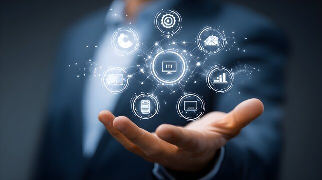 IT Consulting. Businessman holds digital consulting network connecting icon representing IT solutions, focusing on innovation, strategy, optimization, growth, and technology-driven success	

