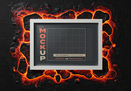 Horizontal Poster Image Frame Mockup on Volcano Lava