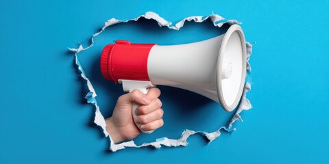 The megaphone breaks through a blue background to amplify a bold message.