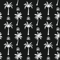 Seamless pattern of black shape south african trees. Palms with coconuts in simple style. Tropical, beach tree for jungle decoration, bounty coast. Vector background in flat style for fabric.