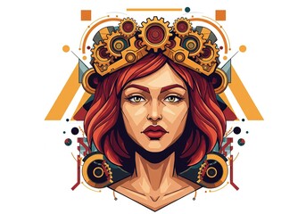 Redhead Woman in a Steampunk Crown of Gears - Dynamic vector art combining mechanical elements with a strong female portrait, symbolizing innovation.