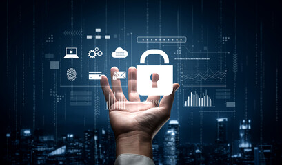 Digital cyber security lock system highlighting data security encryption, cyber password...