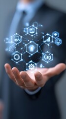 IT Consulting. Businessman holds digital consulting network connecting icon representing IT solutions, focusing on innovation, strategy, optimization, growth, and technology-driven success	
