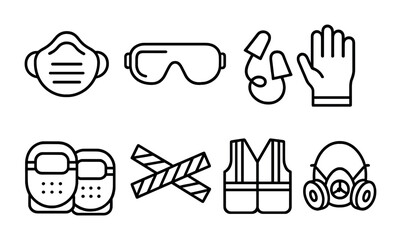 Fototapeta premium Drywall Safety Icons. Outline vector icons of safety practices in drywall work: dust mask, eye goggles, ear