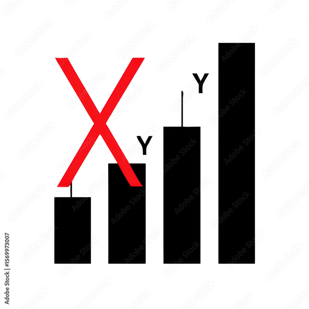 Poster red x symbol over bar chart with y axis labels isolated on transparent background