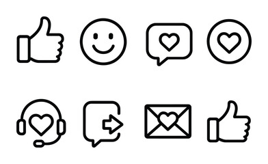 Positive Communication Icons. Outline vector icons of positive digital communication: like button, friendly