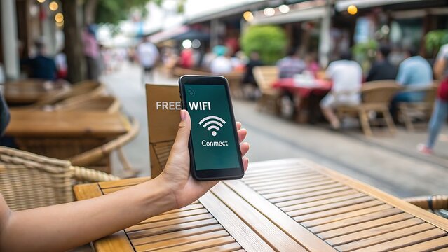 Connecting Mobile Device to Free Internet at Outdoor Cafe, Enjoying Internet Access and Wireless Connectivity.