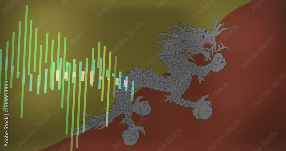 Poster one second in equalizer bars rising color shifting gliding across bhutan flag for audio display
