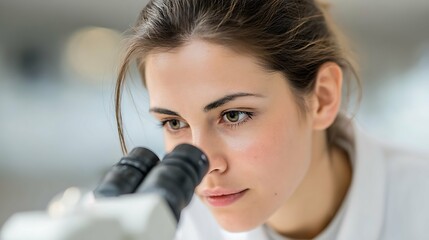 Scientist examining petri dish under microscope in laboratory, female bioengineer looking at DNA