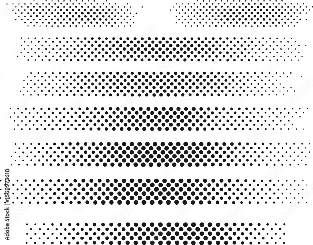 Poster collection of abstract horizontal dotted lines and patterns with varying dot density and size on a w